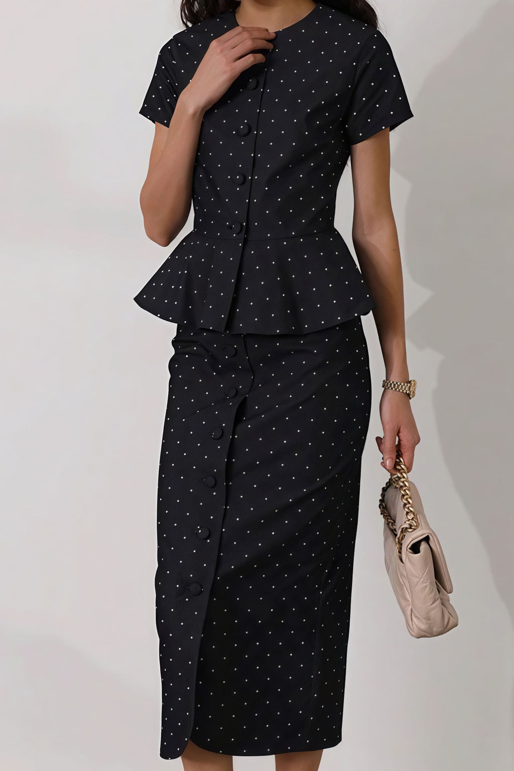 Polka Dot Print Short Sleeve Bodycon Skirt  Set