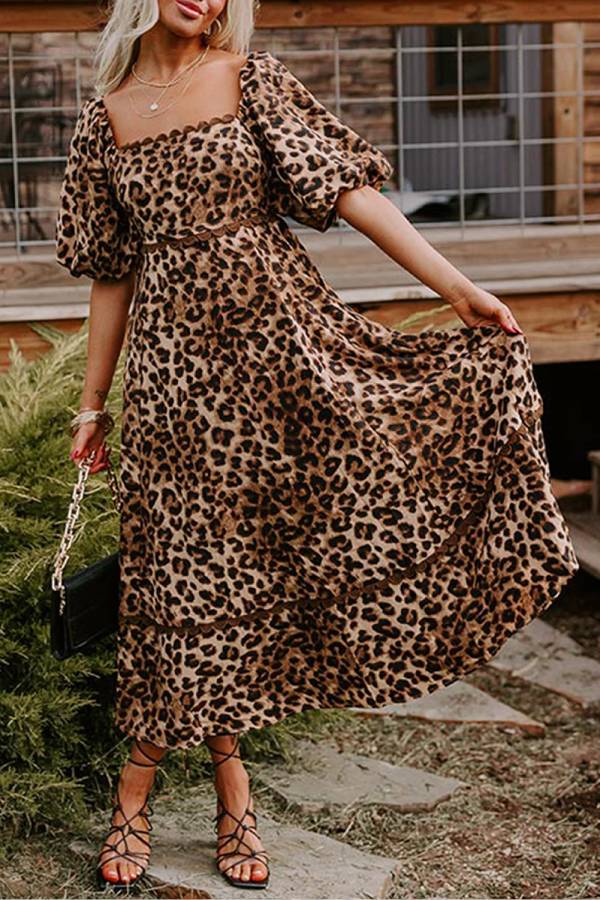 Abigail Exclusive Brown Leopard Print Ricrac Puff Sleeve Maxi Dress Boutique Collection