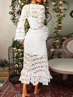 Flora Chic Cotton Guipure Lace V Neck Long Sleeves Apron Cocktail Party Dress for Women Ideal for All Seasons Silhouette Collection