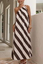 Fashionable Striped Print Loose One-shoulder Tie Vacation Maxi Dress