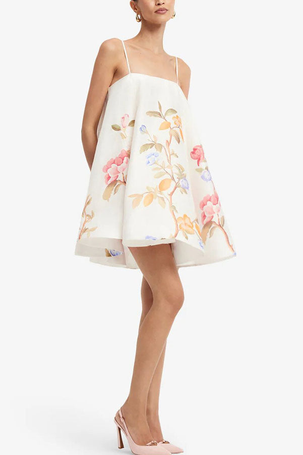 Blossoms Climb Lemon Vine Print Adjustable Straps A-line Mini Dress