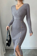 Knitted VNeck LongSleeve Buttoned Sweater Dress