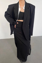 Wasteland Shoulder Pad Lapel Long Sleeve Drapey Blazer Split Midi Skirt Two Piece Set