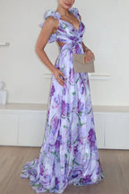 Whimsy Grace Tulle Floral Ruffle Detail Back Lace-up Pleated Maxi Dress
