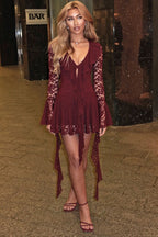 Lace Ruffle Tie Long Sleeve Mini Dress