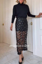 Women's Flower Sequin Sheer Midi Skirt