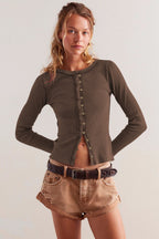 Round Neck Long Sleeve Ribbed Cardigan