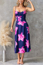 Floral Print Spaghetti Strap Backless Tie-up Elegant Slim-fit Midi Dress