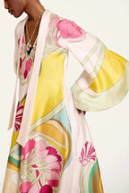 Darla Satin Colorful Baroque Style Printed Tie-up Neck Bell Sleeve Maxi Dress