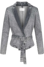 Casual Meetup Denim Stand Neck Long Sleeve Belted Loose Jacket