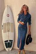 Edgy Instinct Wash Denim Long Sleeve Midi Dress - 2 Colors
