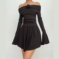 Flower applique off shoulder long flared sleeve slit mini dress