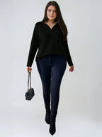 Plus Size Ribbed Turndown Collar Long Sleeve Tee Casual
