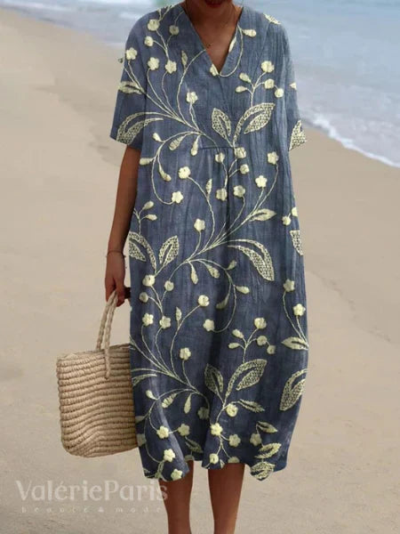 Ramona Statement Floral Print Cotton and Linen Dress Boutique Collection