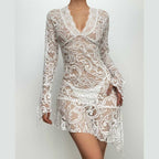 Lace see through flared sleeve v neck irregular solid mini dress - Final Sale