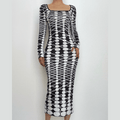 Long sleeve polka dot u neck contrast midi dress