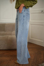 Stylish Denim Colorblock Star Patterned Mid Waist Pocket Wide Leg Jeans
