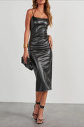 Vintage PU Leather Spaghetti Strap Bodycon Midi Dress
