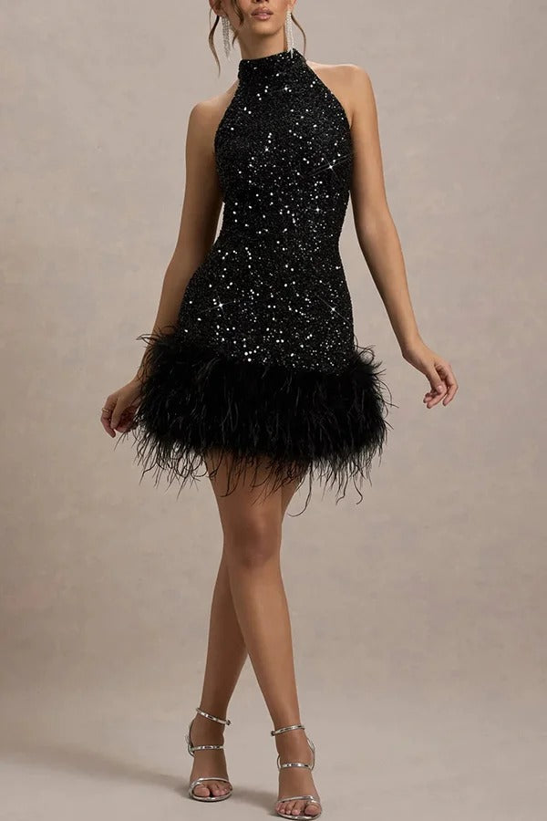 Kate Minimalist Iridescent and Playful Stretch Mini Dress with High Neck Sequin Trim and Feather Statement Occasion Edit
