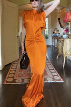 Isabella Satin Short Sleeve Ruched Waist V-shape Back Gown Maxi Dress