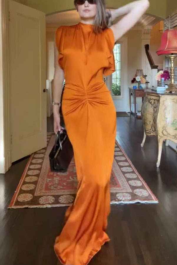 Isabella Satin Short Sleeve Ruched Waist V-shape Back Gown Maxi Dress