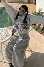 Gray Graffiti Hooded ZipUp Cropped Hoodie