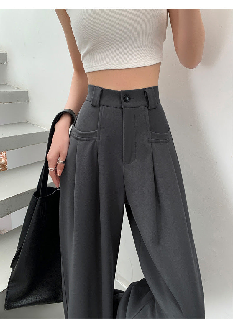 Gray Wide-Leg Slip Pocket Straight Suit Pants