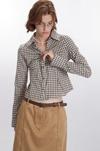 Plaid Ruched Long-Sleeve Blouse