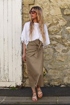 Vintage High-Waist Self-Tie Straight Midi Skirt