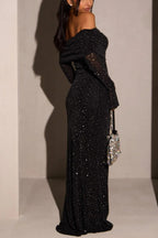 Juniper Chic Black Sequin Off Shoulder Maxi Dress Evening Wear Edit