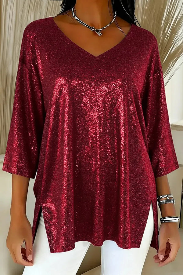 Solid Color Loose V-neck Shiny Casual Top