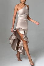 YES I DO Satin One Shoulder Ruched Slit Ruffles Maxi Dress