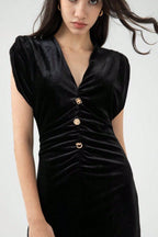 Velvet Ruched V-Neck Bodycon Midi Dress