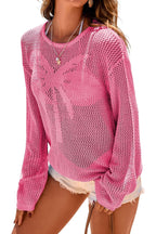 Coconut Tree Jacquard Loose Round Neck Long-sleeved Casual Knitted Cover-up