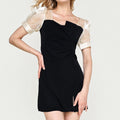 Black Draped Contrast Mesh Mini Dress