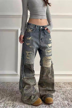 Washed Camo Patchwork Distressed Slim-Fit Jeans