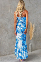 Ladies' elegant party dress, mesh overlay printed one shoulder wave skirt, mesh overlay printed one shoulder pleated elastic long skirt