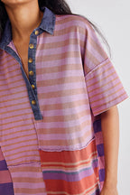 Contrast Striped Patchwork Denim Lapel Loose Casual Mini Dress