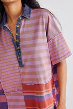 Contrast Striped Patchwork Denim Lapel Loose Casual Mini Dress