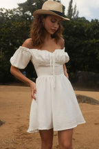 Off Shoulder Puff Sleeve Tie Mini Dress