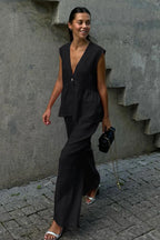 Cotton V Neck Sleeveless Vest Pants Two Piece Set