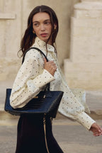Polka Dot Collared Tie-Up Slim Chic Blouse