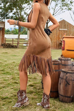 Suede Fringe Hem Casual Midi Dress