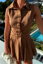 Stylish Collared Sleeveless Button-down Belted Casual Denim Mini Dress