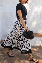 Resort Style Botanical Print Elastic Waist Loose Stitching Midi Skirt