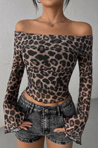 Leopard Print Semi-Sheer Off-Shoulder Long-Sleeve Blouse