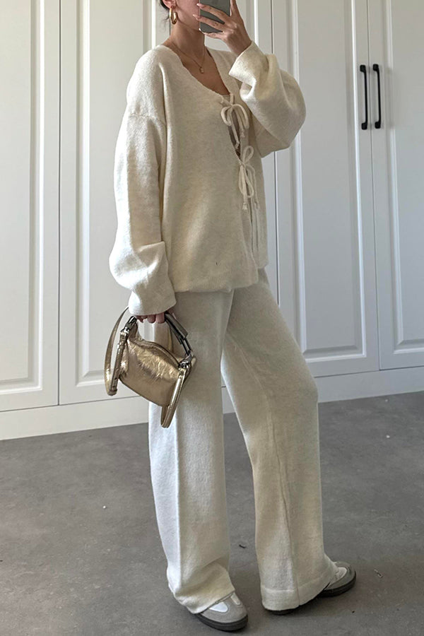 Solid Color V-neck Tie Long-sleeved Loose Knit Cardigan and Elastic Waist Casual Straight Leg Pants Set