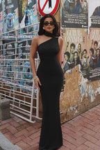 Asymmetrical Shoulder Bodycon Maxi Dress
