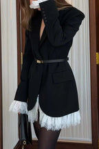 Cue The Chic Lace Trim Button Long Sleeve Lapel Blazer Mini Dress