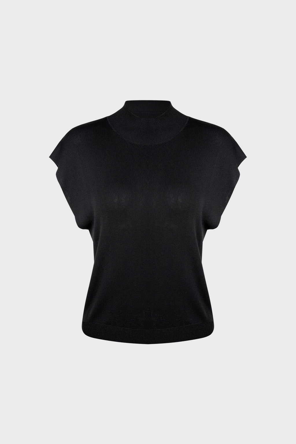 Black Rib-Knit Mock Neck Cap Sleeve Top